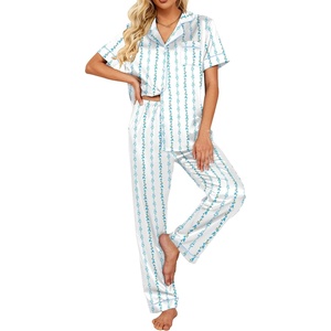 image:imageEkouaer 2 Piece Satin Short Sleeve Pajamas Set Button Down SleepwearBlue Bow Flower