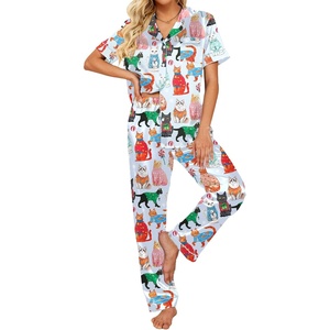image:imageEkouaer 2 Piece Satin Short Sleeve Pajamas Set Button Down SleepwearBlue Cat