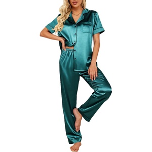 image:imageEkouaer 2 Piece Satin Short Sleeve Pajamas Set Button Down SleepwearBlue Green