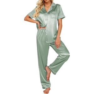 image:imageEkouaer 2 Piece Satin Short Sleeve Pajamas Set Button Down SleepwearGossamer Green