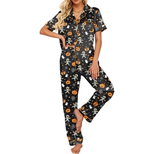 image:imageEkouaer 2 Piece Satin Short Sleeve Pajamas Set Button Down SleepwearHalloween Pumpkin