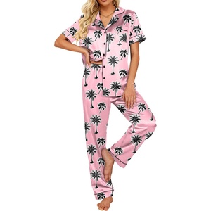image:imageEkouaer 2 Piece Satin Short Sleeve Pajamas Set Button Down SleepwearHoliday Coconut Trees