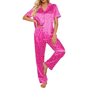 image:imageEkouaer 2 Piece Satin Short Sleeve Pajamas Set Button Down SleepwearLeopard Hot Pink