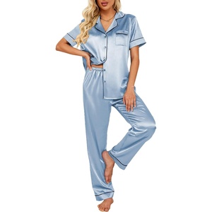 image:imageEkouaer 2 Piece Satin Short Sleeve Pajamas Set Button Down SleepwearLight Blue