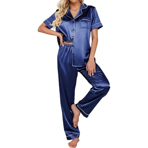 image:imageEkouaer 2 Piece Satin Short Sleeve Pajamas Set Button Down SleepwearNavy Blue