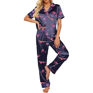image:imageEkouaer 2 Piece Satin Short Sleeve Pajamas Set Button Down SleepwearNavy Cocktail