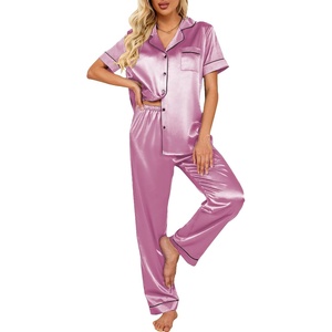 image:imageEkouaer 2 Piece Satin Short Sleeve Pajamas Set Button Down SleepwearPurple Pink