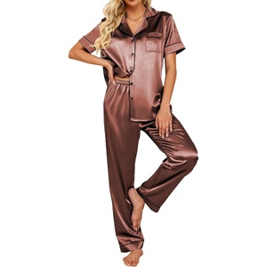 image:imageEkouaer 2 Piece Satin Short Sleeve Pajamas Set Button Down SleepwearSudan Brown