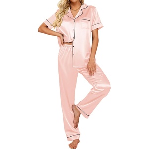 image:imageEkouaer 2 Piece Satin Short Sleeve Pajamas Set Button Down SleepwearVeiled Rose