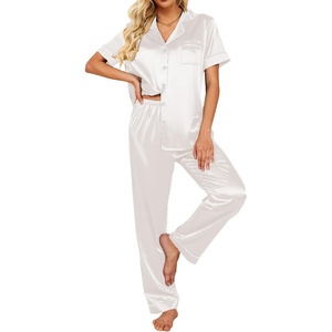 image:imageEkouaer 2 Piece Satin Short Sleeve Pajamas Set Button Down SleepwearWhite