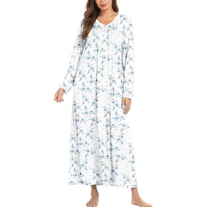 image:imageEkouaer Cotton Nightgowns for Women Long Sleeve Nightgown Button Night GownBlue Floral White