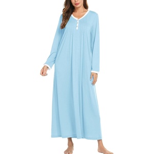 image:imageEkouaer Cotton Nightgowns for Women Long Sleeve Nightgown Button Night GownCyan