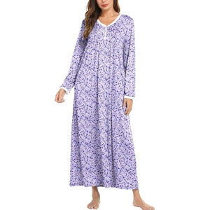 image:imageEkouaer Cotton Nightgowns for Women Long Sleeve Nightgown Button Night GownFloral Purple
