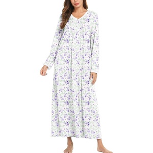 image:imageEkouaer Cotton Nightgowns for Women Long Sleeve Nightgown Button Night GownPurple Floral White