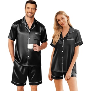 image:imageEkouaer Couple Matching Pajamas Sets Silk Short Sleeve Button Up SleepwearBlack