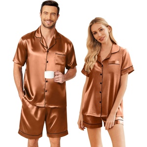 image:imageEkouaer Couple Matching Pajamas Sets Silk Short Sleeve Button Up SleepwearBrown