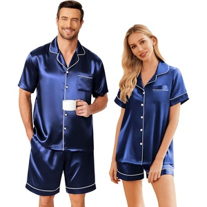 image:imageEkouaer Couple Matching Pajamas Sets Silk Short Sleeve Button Up SleepwearNavy