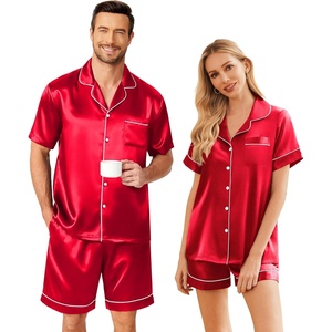 image:imageEkouaer Couple Matching Pajamas Sets Silk Short Sleeve Button Up SleepwearRed