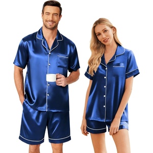 image:imageEkouaer Couple Matching Pajamas Sets Silk Short Sleeve Button Up SleepwearRoyal Blue