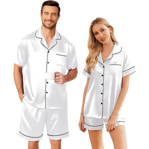 image:imageEkouaer Couple Matching Pajamas Sets Silk Short Sleeve Button Up SleepwearWhite