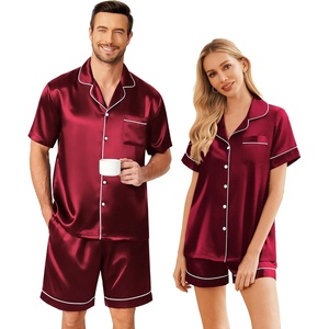 image:imageEkouaer Couple Matching Pajamas Sets Silk Short Sleeve Button Up SleepwearWine