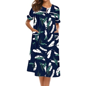 image:imageEkouaer House Dress for Women with Pockets Duster Button Down NightgownHawaiian Leaves