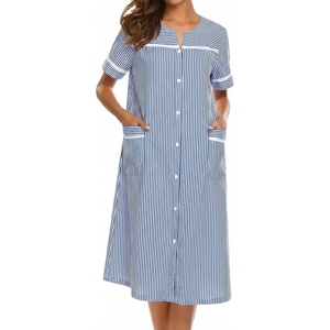 image:imageEkouaer House Dress for Women with Pockets Duster Button Down NightgownNavy Stripes