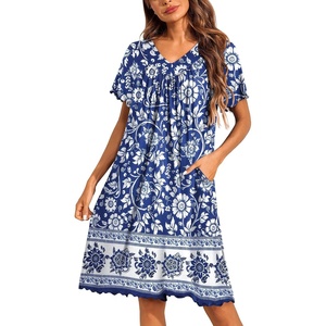 image:imageEkouaer House Dress for Women with Pockets Short Sleeve Nightgowns Moo MoosBlue Bohemian Flowers