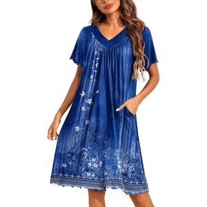 image:imageEkouaer House Dress for Women with Pockets Short Sleeve Nightgowns Moo MoosBlue Ethnic Flower