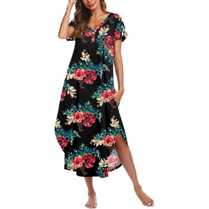 image:imageEkouaer Long Nightgowns For Women Short Sleeve Midi Nightgown With PocketsFlower Black