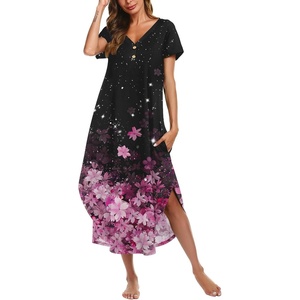 image:imageEkouaer Long Nightgowns For Women Short Sleeve Midi Nightgown With PocketsFlower Black Pink