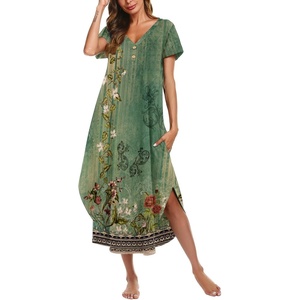 image:imageEkouaer Long Nightgowns For Women Short Sleeve Midi Nightgown With PocketsGreen Ethnic Style