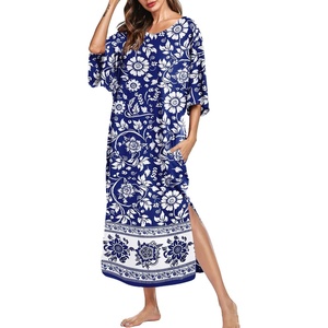 image:imageEkouaer Long Nightgowns for Women Short Sleeve Night Gowns with PocketsBohemian Flowers Blue