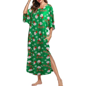 image:imageEkouaer Long Nightgowns for Women Short Sleeve Night Gowns with PocketsChristmas Green Snowman