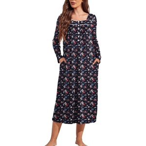 image:imageEkouaer Long Sleeve Nightgowns for Women Sleep Shirt Henley Sleep DressBlack Flower