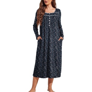 image:imageEkouaer Long Sleeve Nightgowns for Women Sleep Shirt Henley Sleep DressBlack and Green