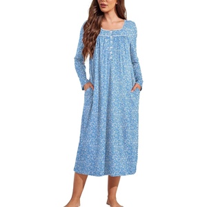 image:imageEkouaer Long Sleeve Nightgowns for Women Sleep Shirt Henley Sleep DressBlue