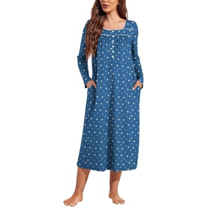 image:imageEkouaer Long Sleeve Nightgowns for Women Sleep Shirt Henley Sleep DressBlue Dog Footprints