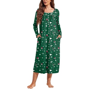 image:imageEkouaer Long Sleeve Nightgowns for Women Sleep Shirt Henley Sleep DressChristmas Green