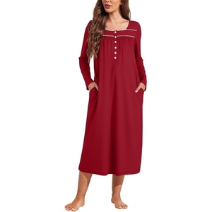 image:imageEkouaer Long Sleeve Nightgowns for Women Sleep Shirt Henley Sleep DressWine Red