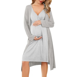 image:imageEkouaer Maternity Nursing Gown and Robe Set Labor Delivery NightgownsLight Grey Stripe