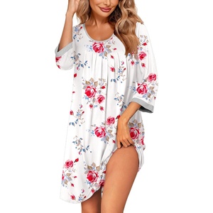 image:imageEkouaer Nightgowns for Women 34 Sleeve Nightgown Pleated SleepshirtsFloral Rose White
