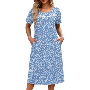 image:imageEkouaer Nightgowns for Women with Pockets Short Sleeve Henley SleepshirtsBlue White Floral