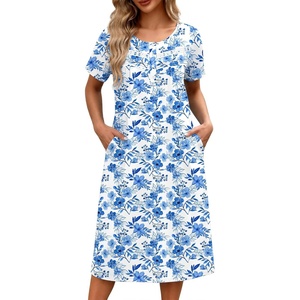 image:imageEkouaer Nightgowns for Women with Pockets Short Sleeve Henley SleepshirtsWhite Blue Floral