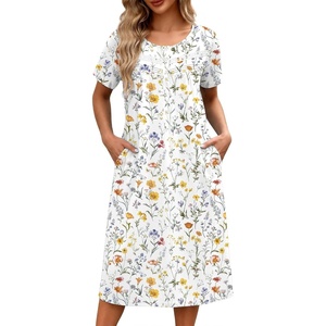 image:imageEkouaer Nightgowns for Women with Pockets Short Sleeve Henley SleepshirtsWhite Yellow Floral