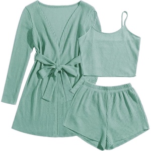image:imageEkouaer Pajamas for Women Set 3 Piece Soft Waffle Knit Loungewear OutfitGrey Green