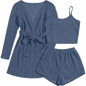 image:imageEkouaer Pajamas for Women Set 3 Piece Soft Waffle Knit Loungewear OutfitNavy
