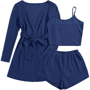 image:imageEkouaer Pajamas for Women Set 3 Piece Soft Waffle Knit Loungewear OutfitNavy Blue