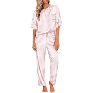 image:imageEkouaer Pajamas for Women Set Silky Satin 2 Piece Lounge Sets with PocketsPink Stripes