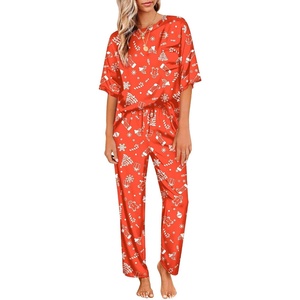image:imageEkouaer Pajamas for Women Set Silky Satin 2 Piece Lounge Sets with PocketsRed Christmas